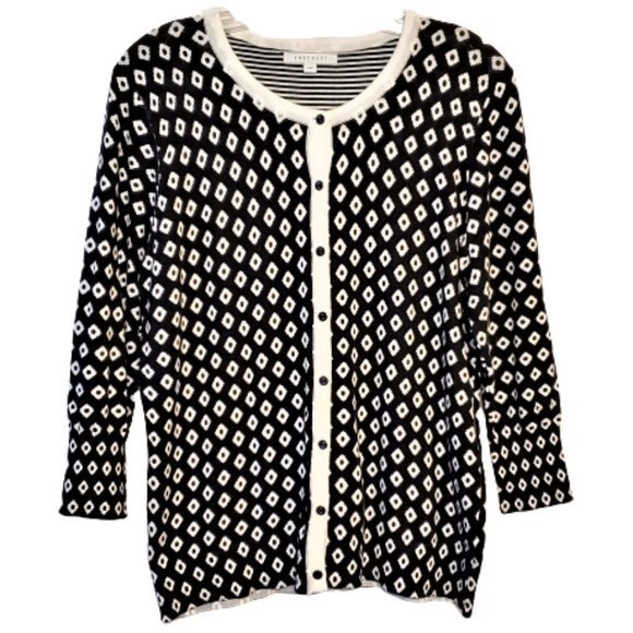 Foxcroft Cardigan Sweater Black White Diamond Geometric Size Large - Picture 1 of 6